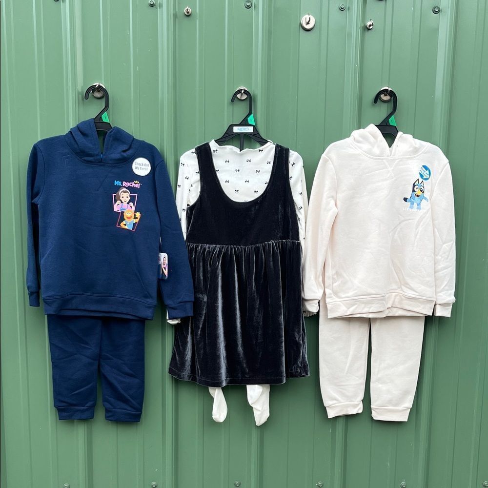 Toddler Girls Velvet Dress, Bluey & Ms Rachel Hoddies & Pants 7-Piece Size 5T